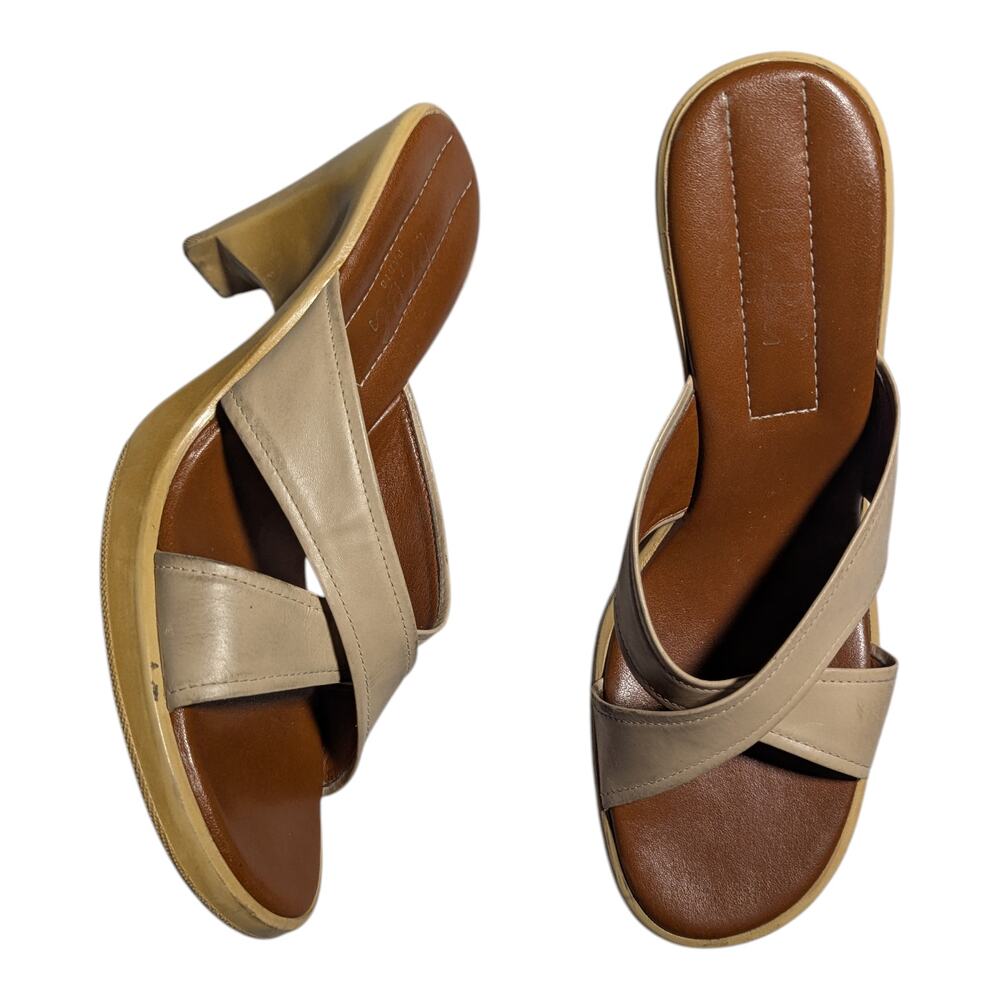 Vtg Y2K DKNY Beige Leather Criss Cross Strap Wedge Heel Slide Sandals Sz 8
